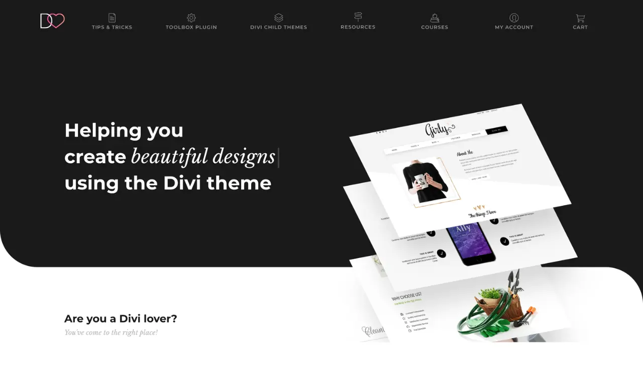 Divi Lover homepage showing beautiful designs using the Divi theme