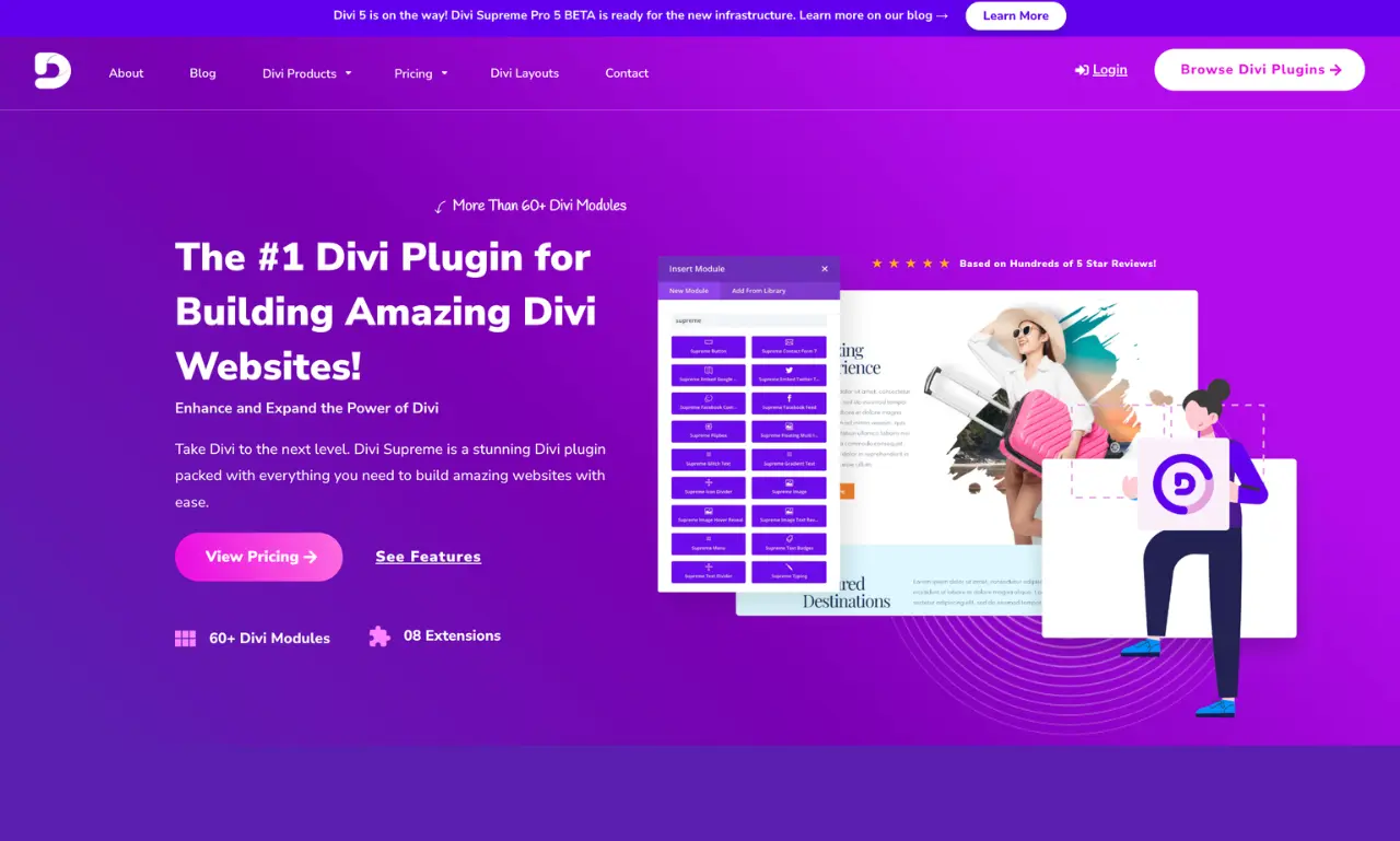 Divi Supreme homepage showing Divi plugin for building amazing Divi websites