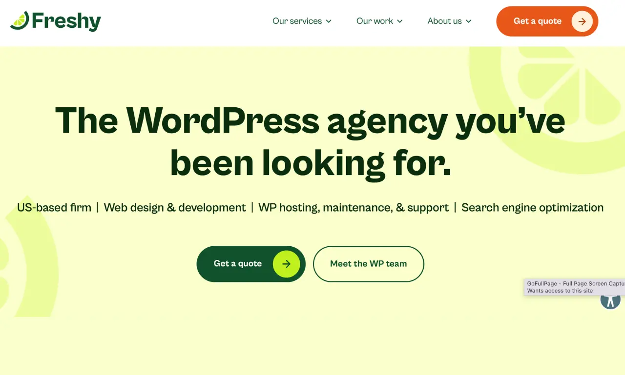 Freshy homepage showing WordPress agency services with get a quote button