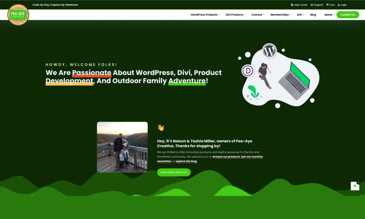 Pee-Aye Creative homepage showing WordPress and Divi products, resources, and blog content