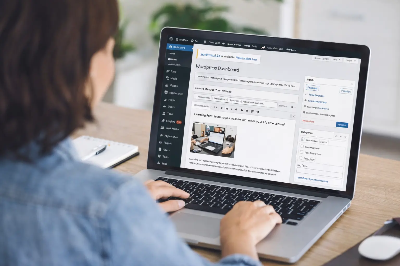 Person using the WordPress dashboard to create and manage website content in a content management system