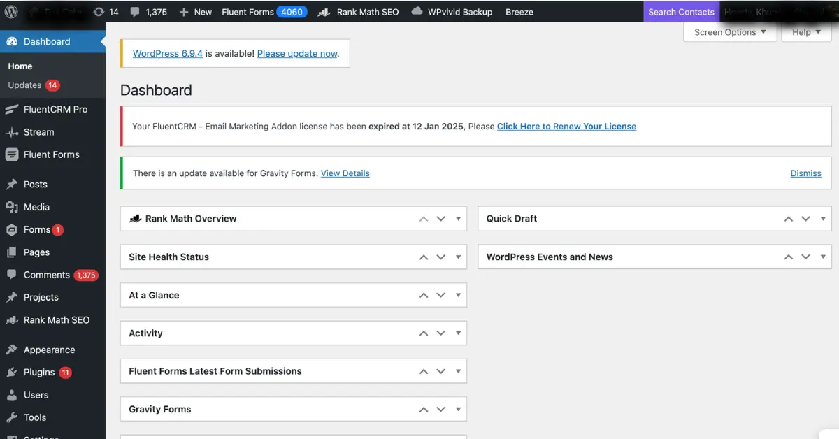 WordPress dashboard screenshot showing the admin panel and settings for beginners learning how WordPress works