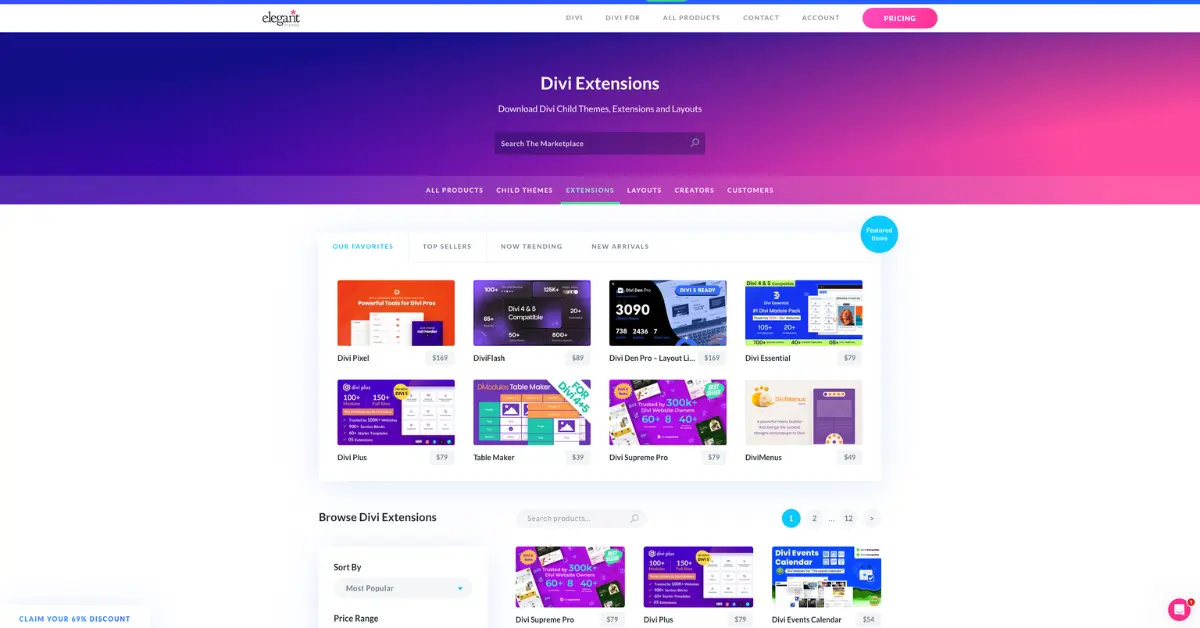 Divi Extensions marketplace showing Divi plugins, extensions, child themes, and layouts