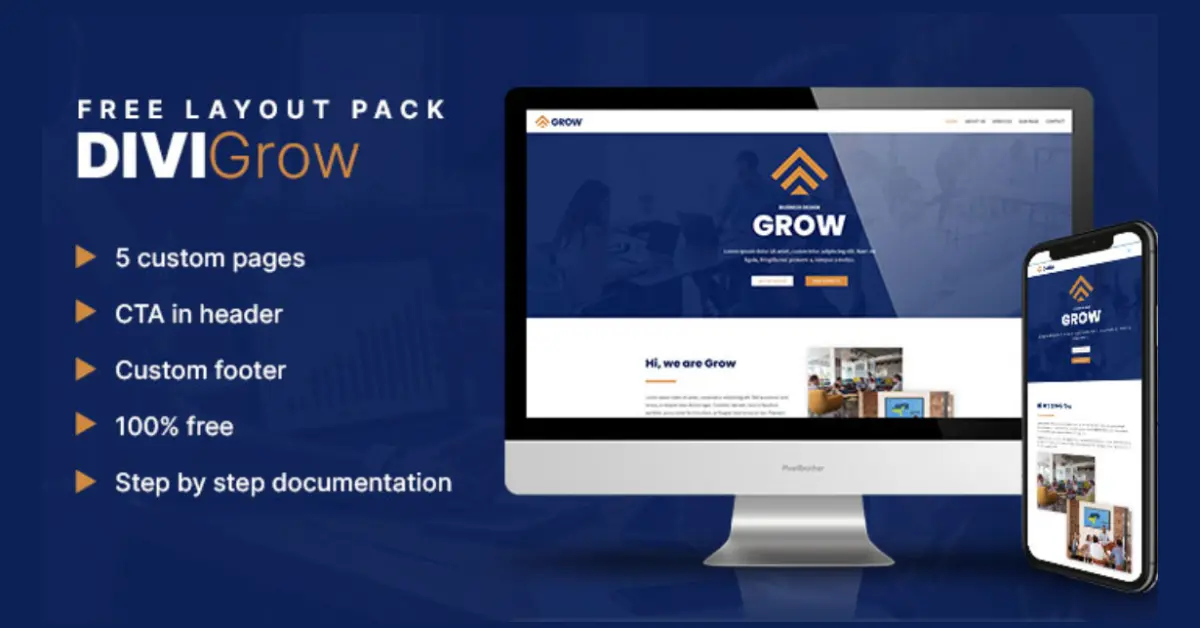 Divi Grow free layout pack with 5 custom pages, header CTA, custom footer, and responsive design preview