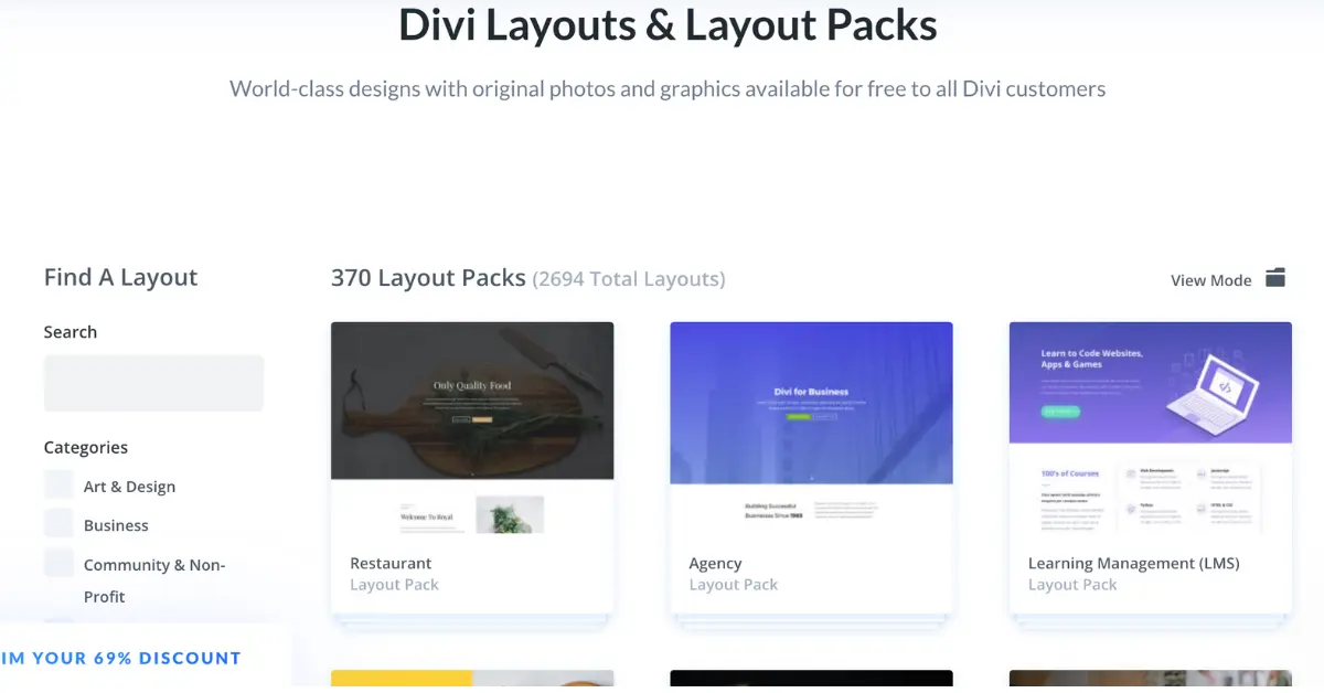 Divi Layouts and Layout Packs library with 370 layout packs and 2694 total layouts