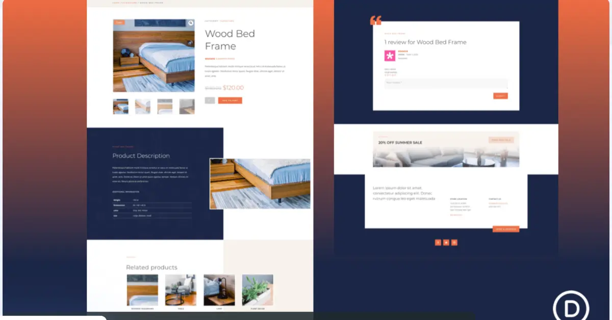 Divi product page template for WooCommerce with product details, reviews, related products, and sale section