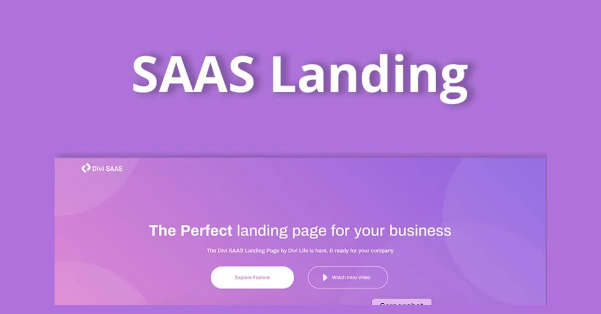 Divi SaaS landing page layout with purple hero section and business landing page design