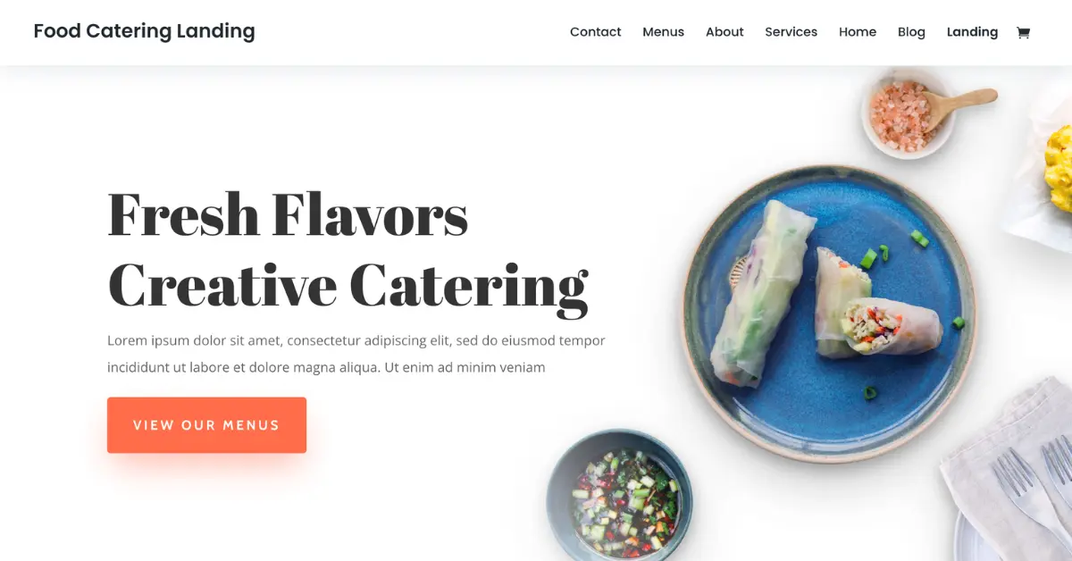 Food Catering Landing Page Divi layout with fresh flavors hero section and menu call-to-action