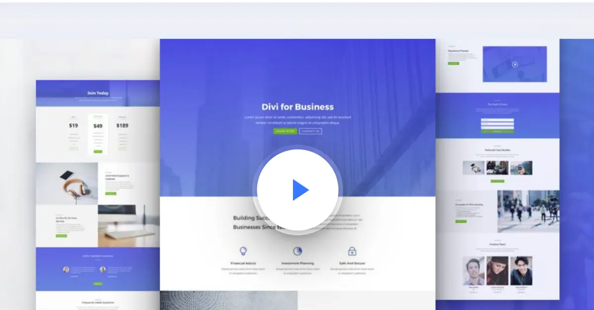 Free Divi Business layout pack with business homepage, pricing, contact, and team sections