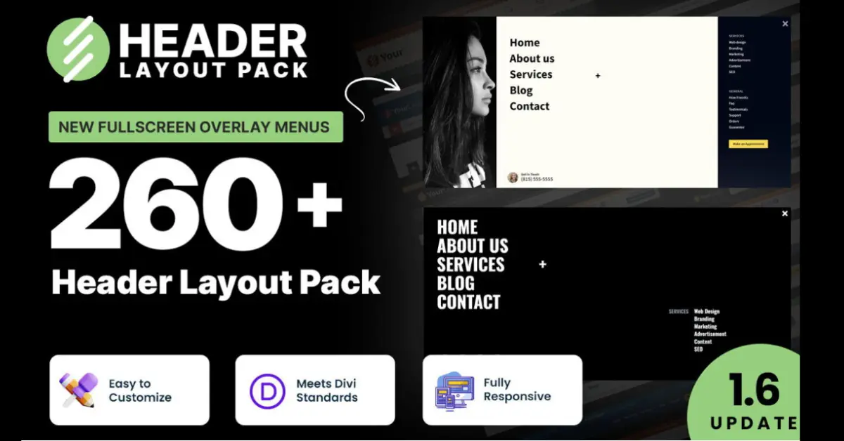 Header Layout Pack for Divi with 260 responsive header layouts and fullscreen overlay menus