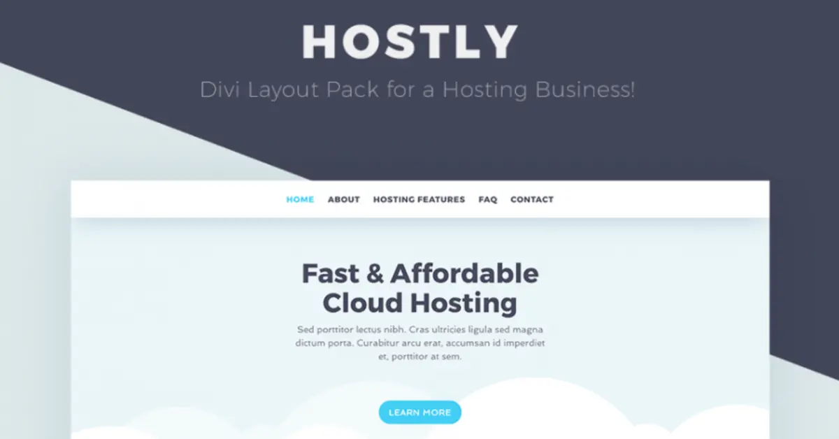 Hostly free Divi layout pack for hosting business with cloud hosting homepage design