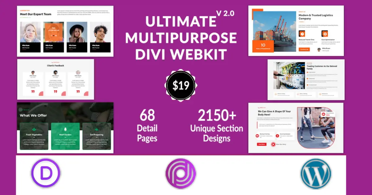 Ultimate Multipurpose Divi Webkit layout pack with 68 detail pages and 2150 unique section designs