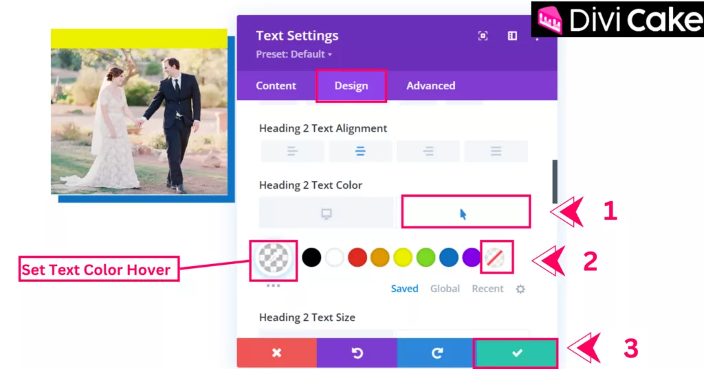 Changing Heading 2 text color to transparent on hover in Divi, adding interactivity to the Reveal Image Effect for a more dynamic design.