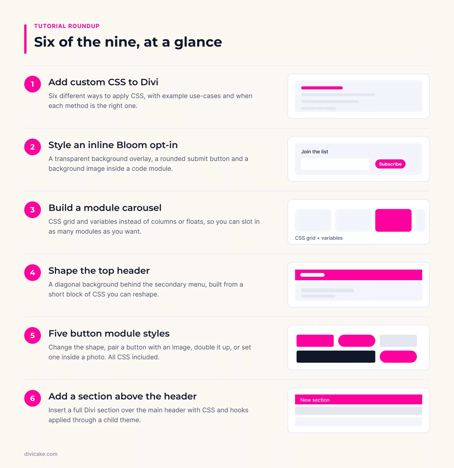Six of the nine Divi tutorials at a glance
