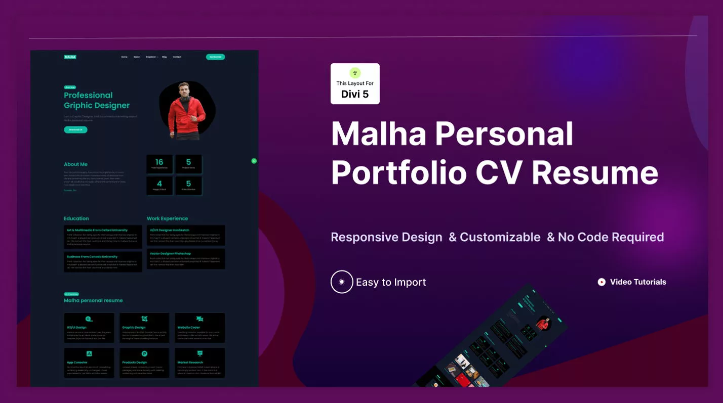 Malha Personal Resume by Themomarket on the Divi Marketplace