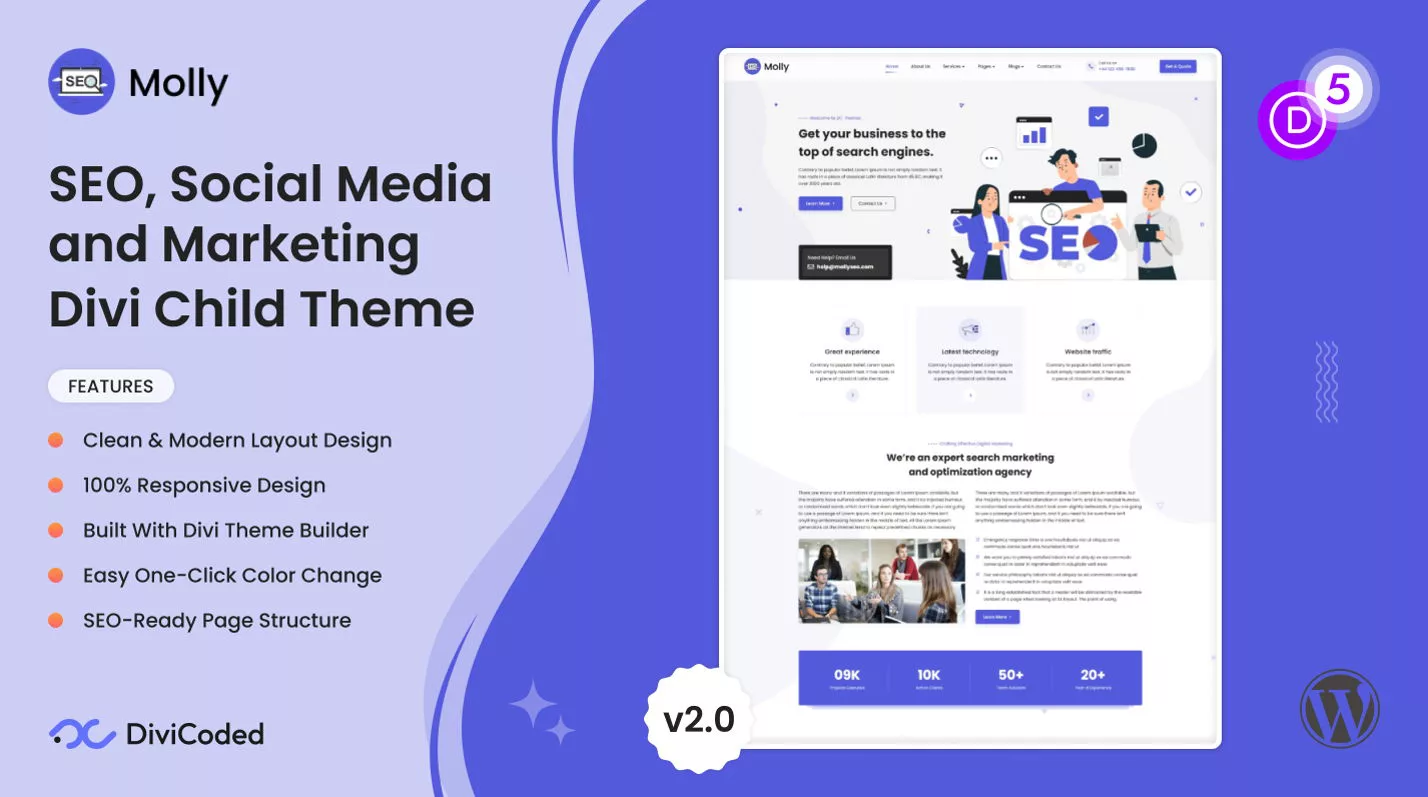 Molly – SEO, Social Media and Marketing Divi Child Theme by DiviCoded on the Divi Marketplace
