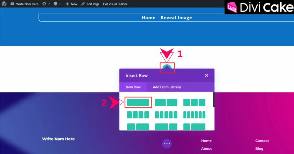 Adding a single row and single column structure in Divi Visual Builder for setting up the Reveal Image Effect.