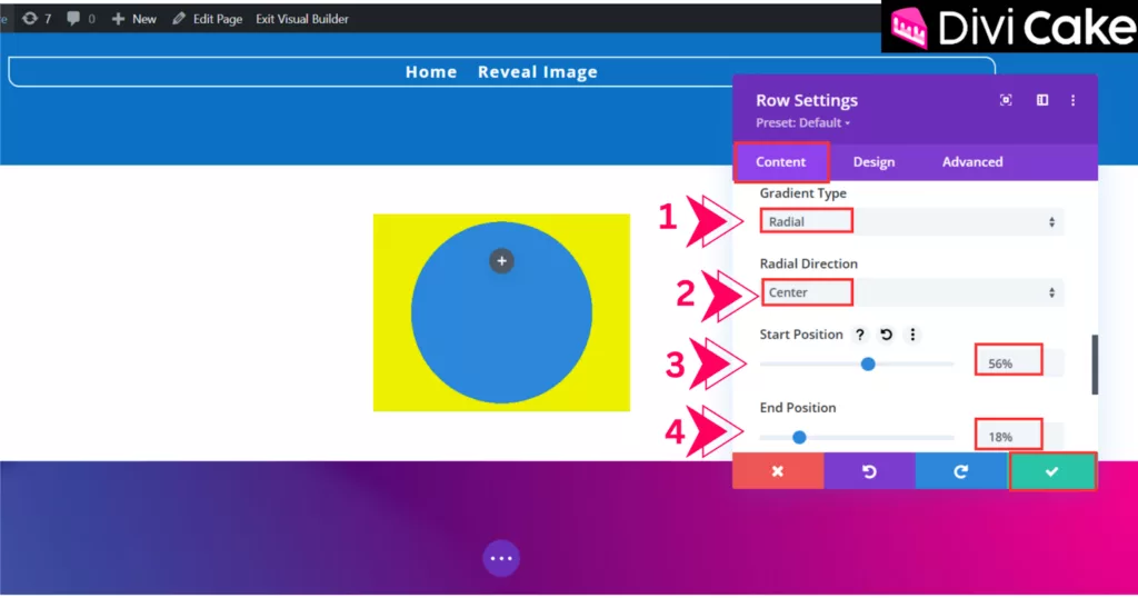 Customizing gradient settings in Divi, including selecting Radial Gradient, setting direction to Center, and adjusting Start and End Positions for optimal design.