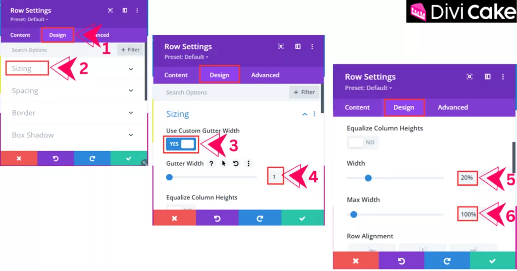Adjust row sizing in Divi by enabling custom gutter width, setting gutter width to 1, and configuring width and max width for optimal layout design.