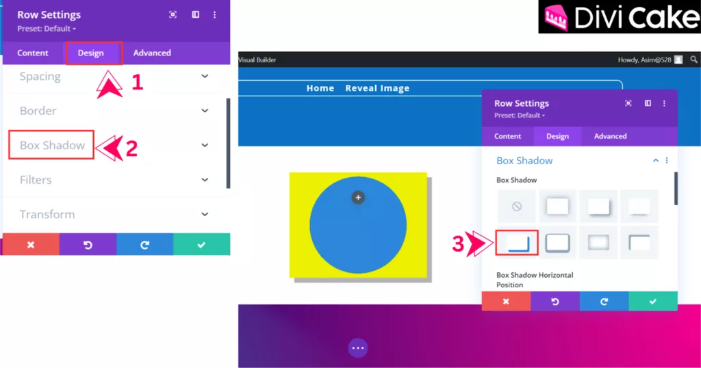 Applying a shadow effect in Divi by navigating to the Design tab, selecting Box Shadow, and enhancing the visual appeal of the revealed image.