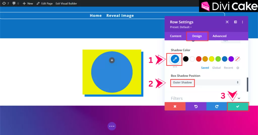 Instructions to customize shadow effect settings in Divi by selecting a matching shadow color, choosing an Outer Shadow position, and saving the changes for a polished design.
