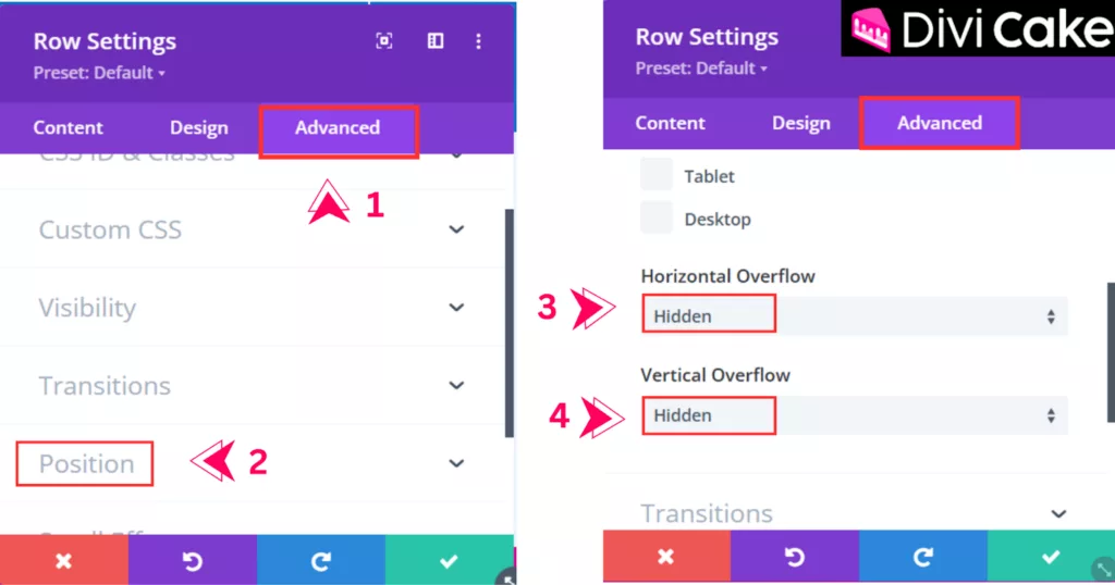 Configure advanced settings in Divi by adjusting Horizontal and Vertical Overflow to Hidden under the Position settings for the row.
