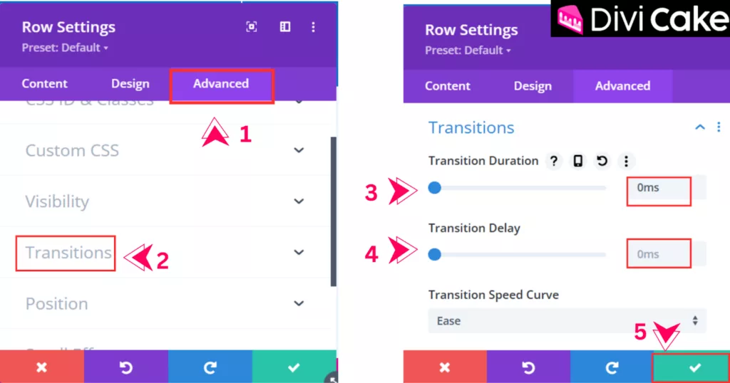Configuring transition settings in Divi by setting Transition Duration and Delay to 0ms in the Advanced tab for smooth row interactions.