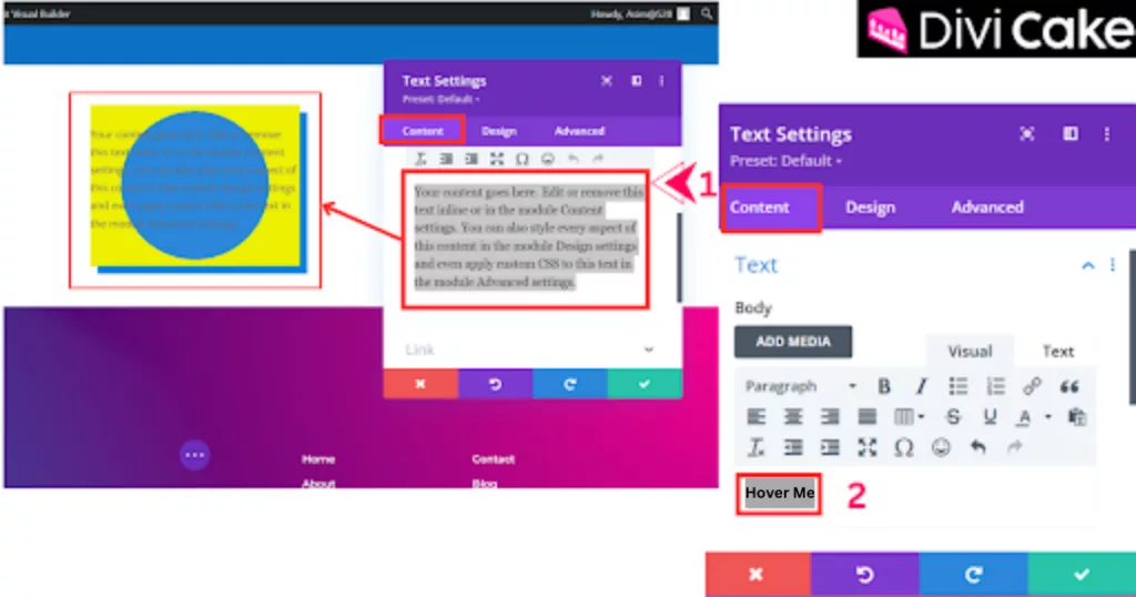 Instructions to modify text in the Blurb Module by selecting and replacing the default text with a custom heading, such as “Hover Me”.