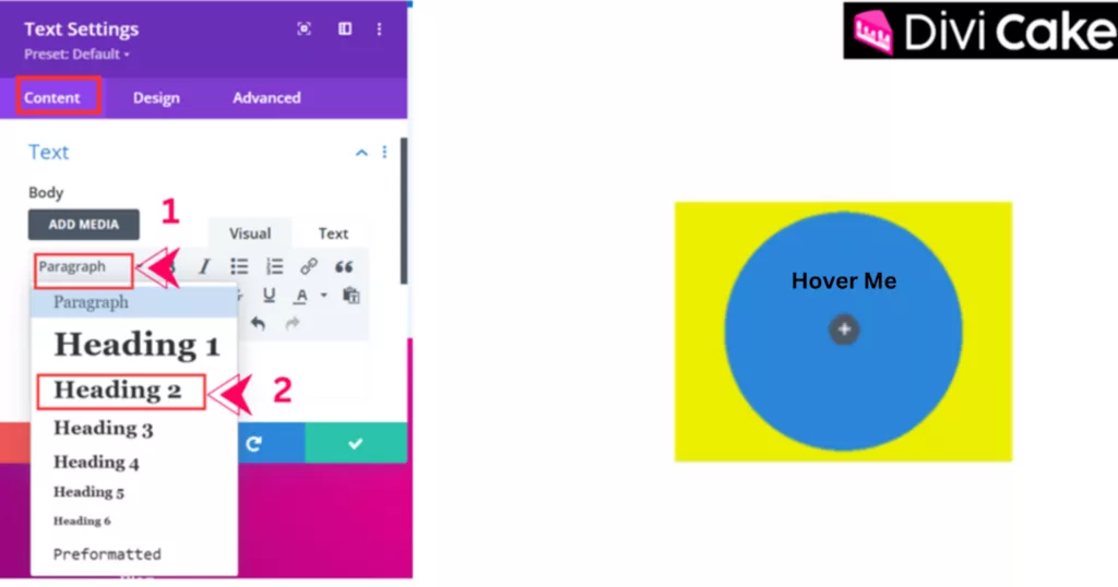 Guide to modifying text in the Blurb Module by selecting the Paragraph dropdown and changing the text format to Heading 2 for better emphasis.