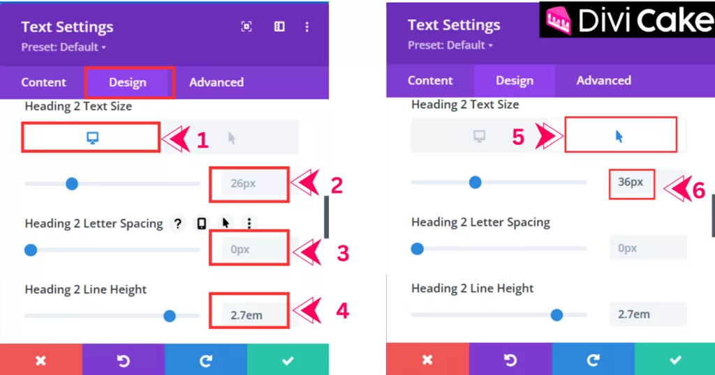 Apply hover settings for heading text in Divi by adjusting text size, letter spacing, and line height for the desktop version and enabling hover effects to increase the text size on hover.