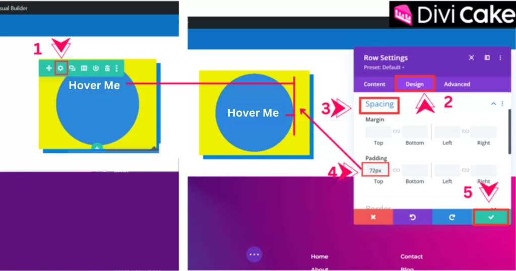 Adjust heading alignment in Divi by modifying padding top in the Row Settings, ensuring the Heading 2 text is centered within the square design.