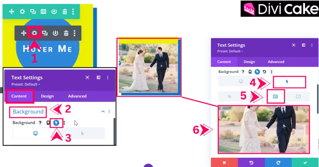 Adding background image to the Text Module for the hover reveal effect in Divi. The image appears when the user hovers over the Text Module, with the hover effect enabled in the settings.