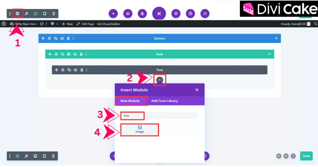 Adding images to the Reveal Image Effect in Divi by using the Wireframe View to locate the Plus Icon and selecting the Image Module for inclusion in the design.