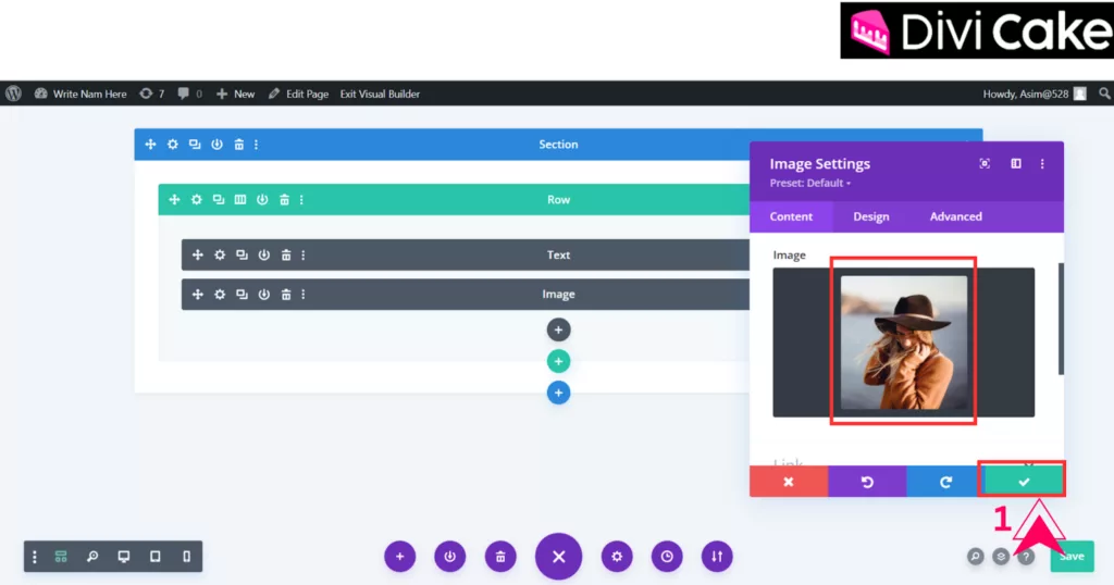 Save the uploaded image in the Divi Image Module by clicking the green check button to confirm changes.