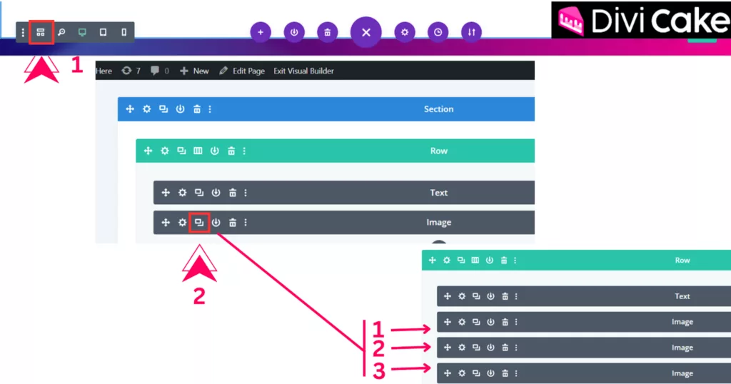Duplicate the Image Module in Divi by switching to Wireframe View and clicking the Duplicate button twice to create two additional copies.