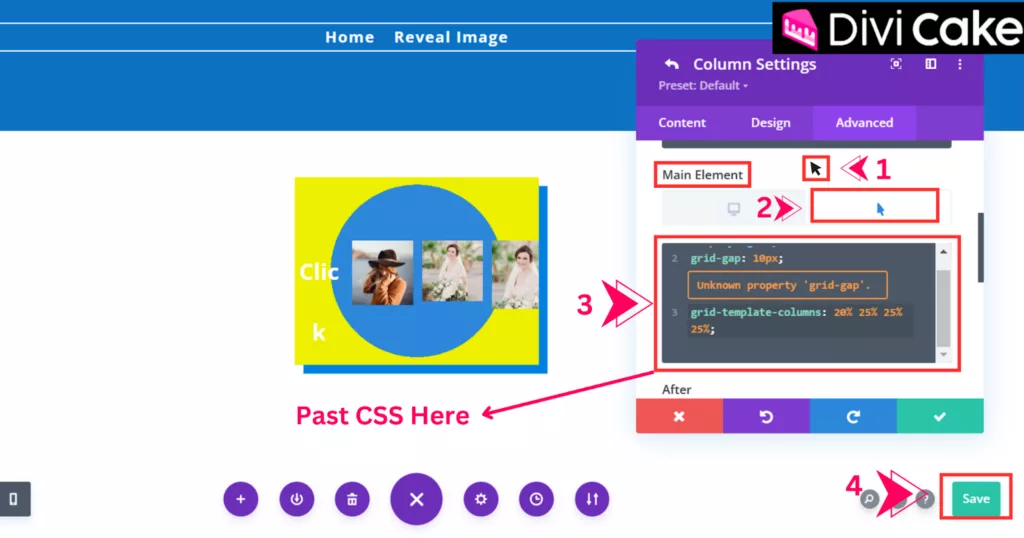 Apply custom CSS to the Main Element in Divi’s Column Settings, enabling hover effects for a grid layout in the reveal image effect.