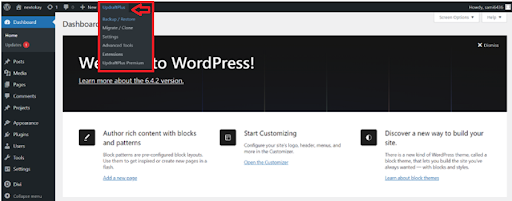 Accessing the UpdraftPlus dashboard for WordPress site backup and restoration management.