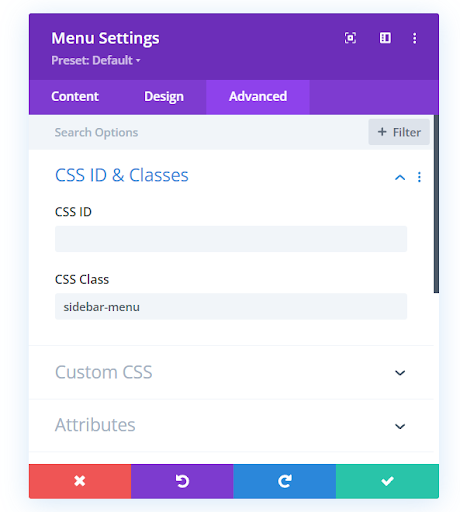 Customize the menu module by assigning a unique CSS class for exclusive targeted modifications to this specific module on your site.