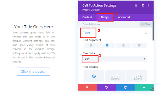 Customize Call to Action button text settings in Divi's design options for font, size, color, and alignment.