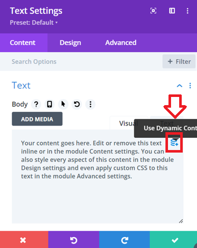In the Text Module settings, place your cursor where you want the year to appear, then click the Dynamic Content icon (a stack of discs) in the toolbar.