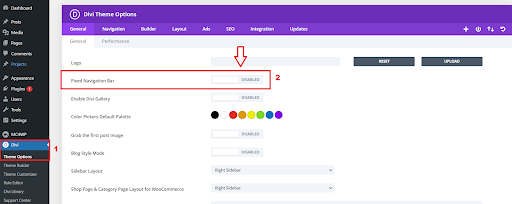 Disabling the fixed navigation setting in Divi's theme options. This will help us remove the main menu area at the top of our page.