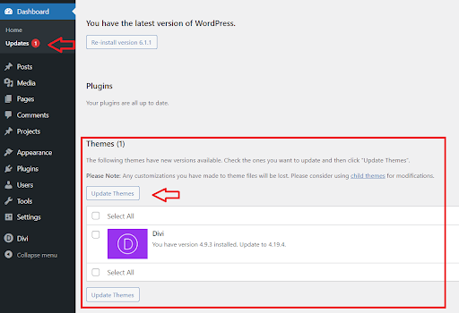 Updating the Divi Theme in the WordPress Dashboard can resolve most of the issues caused by using an outdated version