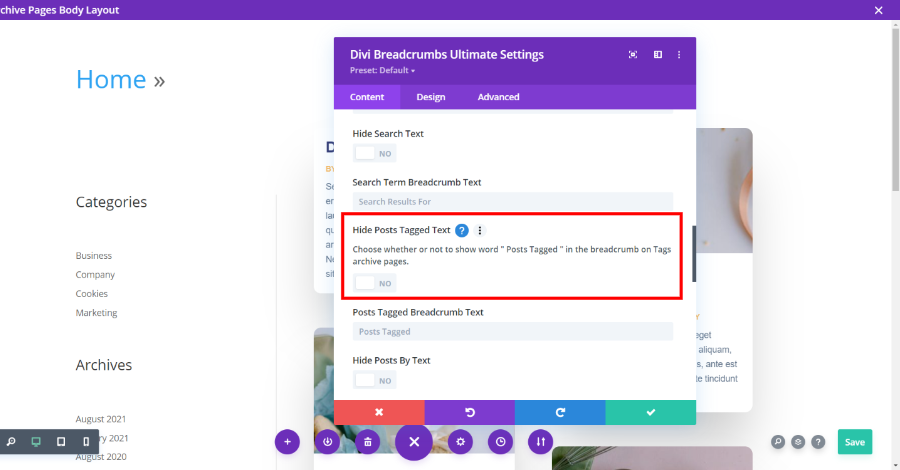 Divi Breadcrumbs Hide Posts Tagged Text