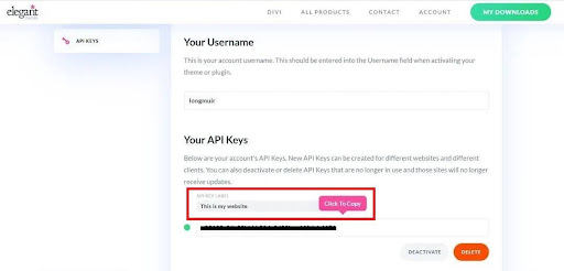 The Elegant Themes API dashboard lets you make new API keys. These keys show up in your API Keys section.