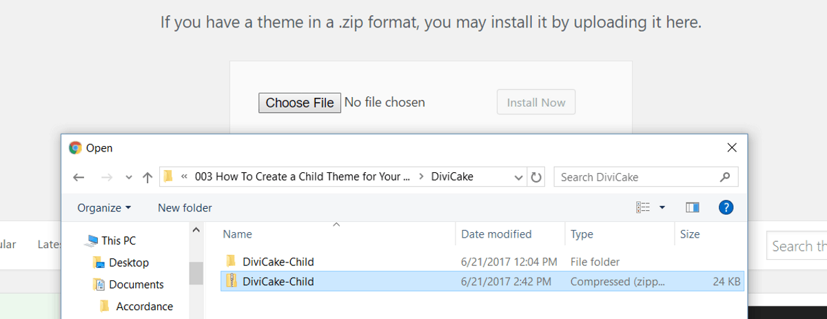 Divi child theme zip and theme upload screen