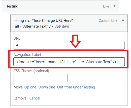 Adding an image to our custom link menu item using a simple HTML image code.