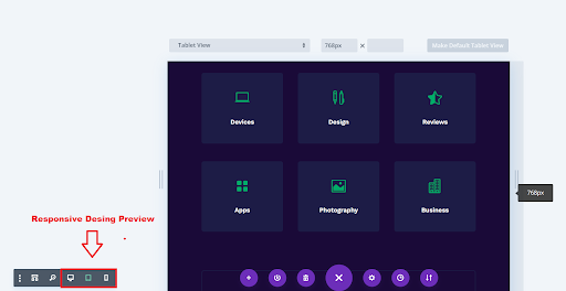 In the Divi visual builder, the responsive preview mode can be accessed by clicking the purple ball at the bottom center, then selecting the tool in the bottom left corner.
