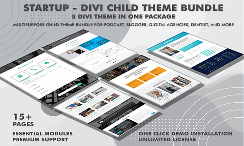STARTUP – DIVI CHILD THEME BUNDLE ( 5 Divi Theme In One Package – Offer ) on Divi Cake