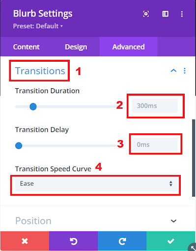 Customize transition speed in the Advanced tab's Transitions section to control the fade-in effect.