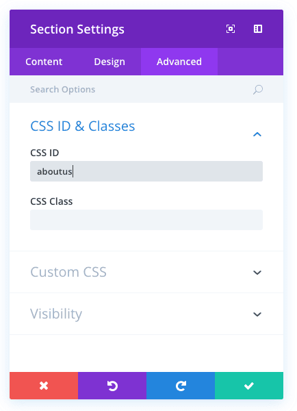 Adding CSS IDs for each section on Divi’s one-page website from the advanced tab of the section settings using Divi’s Visual Builder